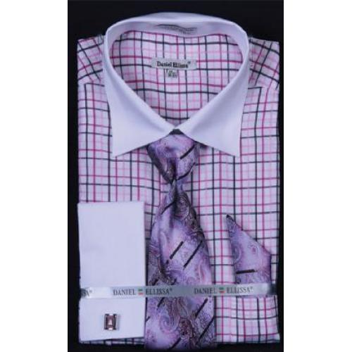 Daniel Ellissa Lilac Small Checker Shirt / Tie / Hanky Set With Free Cufflinks DS3765P2
